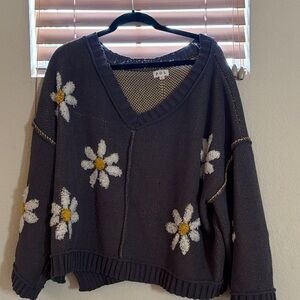 POL Charcoal V-Neck Sweater with White and Yellow Daisy Detail